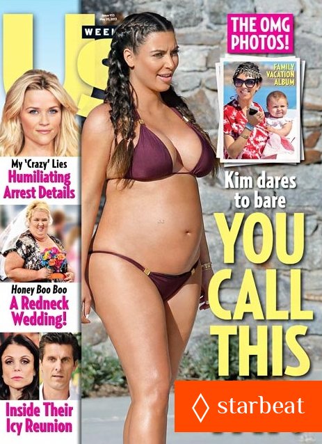 Обзор летних обложек глянцевых журналов 2013: Kim-Kardashian-Pregnant-Bikini-Baby-Bump-for-‘Us-Weekly’