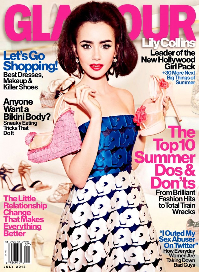 Обзор летних обложек глянцевых журналов 2013: Lily-Collins-glamour-1_july-650x886
